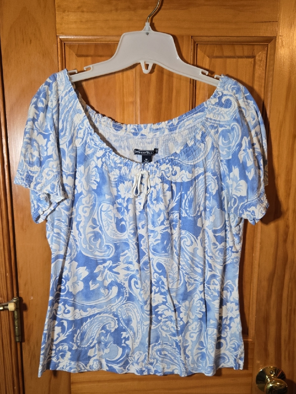 American Living Light Blue and White Paisley Off-Shoulder Top